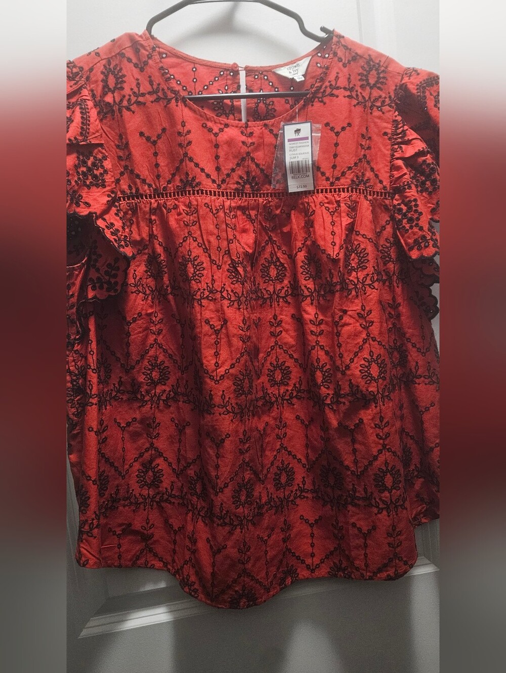 crown & ivy Red Embroidered Ruffle Sleeve Blouse - Picture 1 of 5